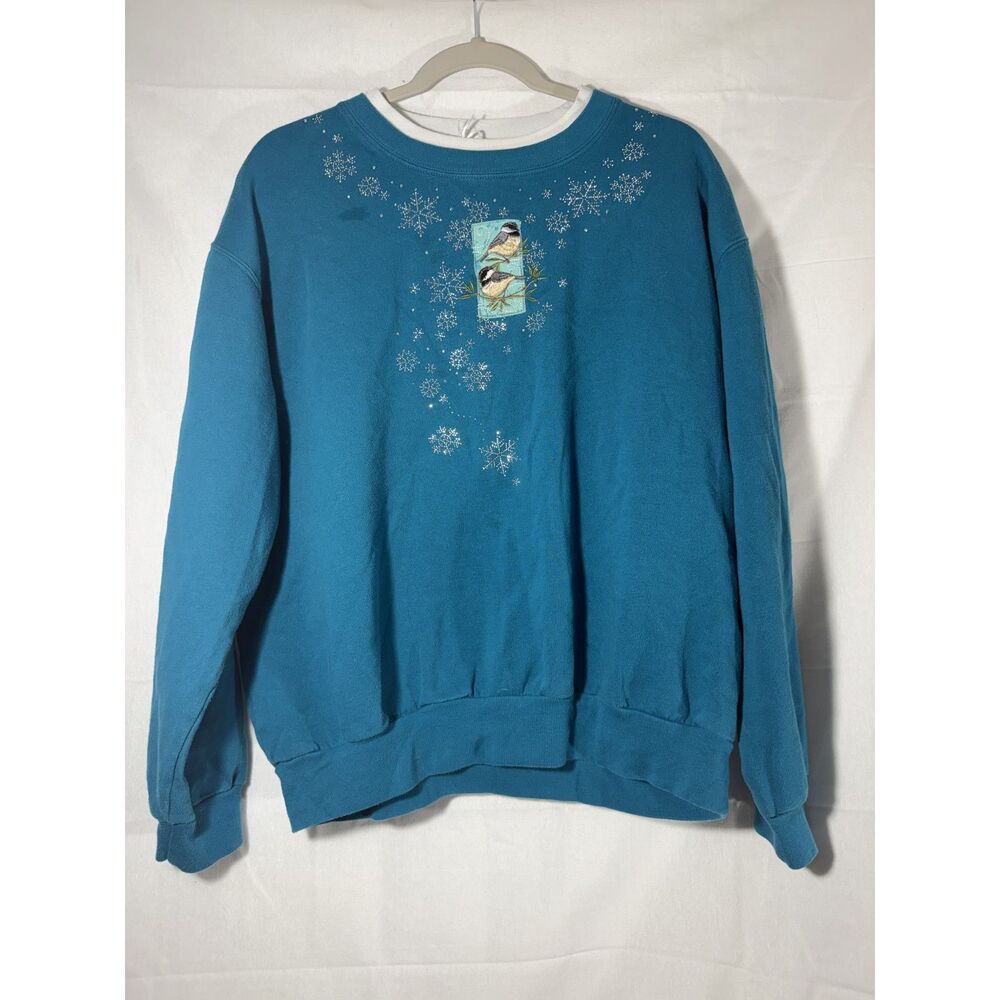Vintage 80s 90s Teal Chickadee Snowflake Rhinestone Sweatshirt Tagless